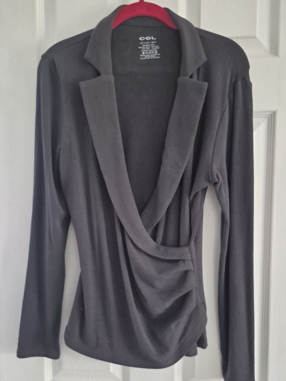 OGL Women's Charcoal Draped Shawl-Collar Long Sleeve Top